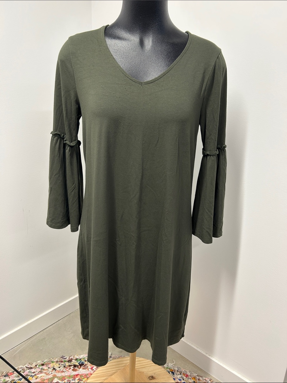 CUPIO Olive Green V-Neck Bell Sleeve T-Shirt Dress L